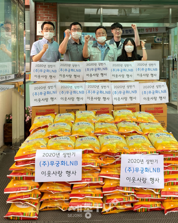 ㈜무궁화LNB와 성정1동의 쌀·라면 전달식. (사진제공=천안시청)