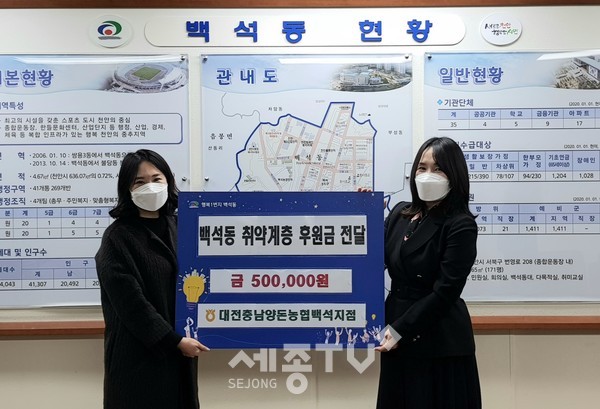 대전충남양돈농협 백석지점이 4일 천안시 백석동에 후원금을 전달했다.(사진제공=천안시청)