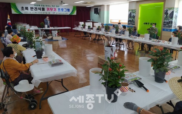 천안시 성거읍이 12일 행정복지센터 2층 회의실에서 홀몸노인을 위해 초록 반려식물 키우기 프로그램을 진행했다.(사진=천안시 제공)
