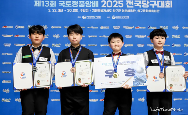 송정원(오른 쪽 2번째, 참샘초 4), 송정후(맨 오른 쪽, 참샘초 5), 정준(맨 왼쪽 태현초 6), 황준하(왼쪽 2번 째, 채드윅송도국제학교 6).[사진= 대한당구연맹 제공].png