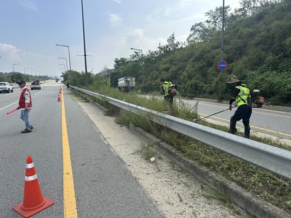세종시가 안전한 추석 귀성객 맞이를 위해 도로변 예초작업을 실시하고 있다./사진제공=세종시 도로관리사업소